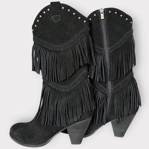 Reba Cade Western Fringe Boots Black Suede Heeled Mid Tall Cowgirl Womens 8.5